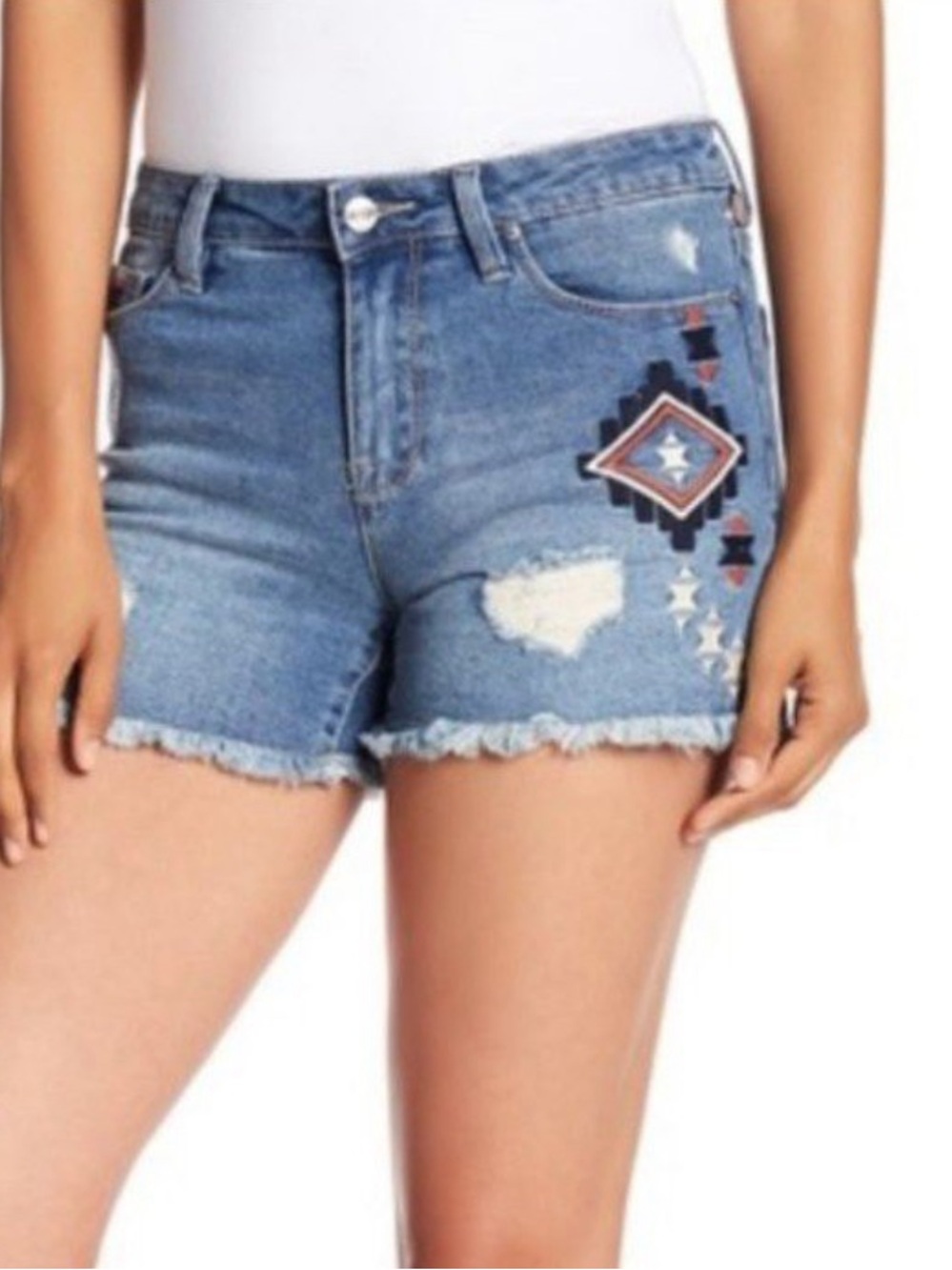 Nanette Lepore Southwestern Blue Denim Embroidered Fray-Hem Shorts